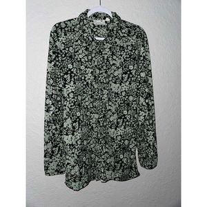 Women’s Haband Accordion Pleat Green Floral Crepe Tunic Long Sleeve Size L